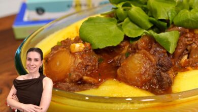Prato de rabada com legumes e ervas frescas