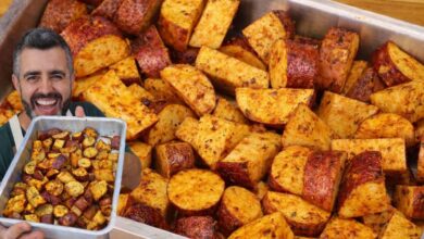 Prato de batata doce assada crocante e macia com temperos