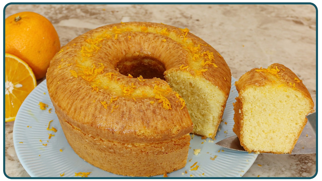 Bolo de laranja fofinho em forma retangular