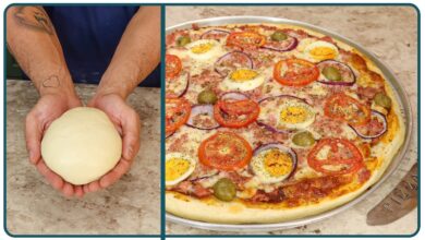 Pizza caseira com massa tradicional e recheio de queijo, presunto, cebola, tomate e ovos
