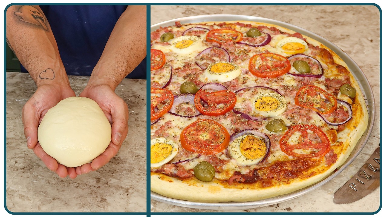 Pizza caseira com massa tradicional e recheio de queijo, presunto, cebola, tomate e ovos
