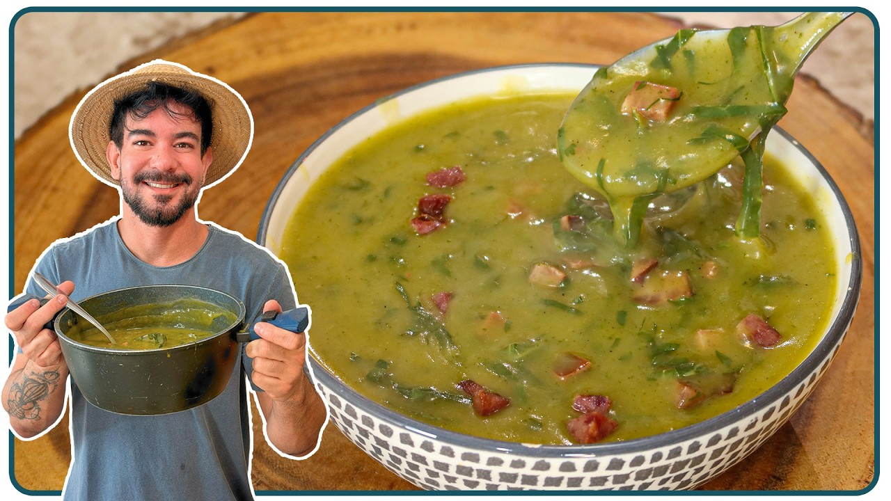Prato de caldo verde cremoso com pedaços de calabresa e couve