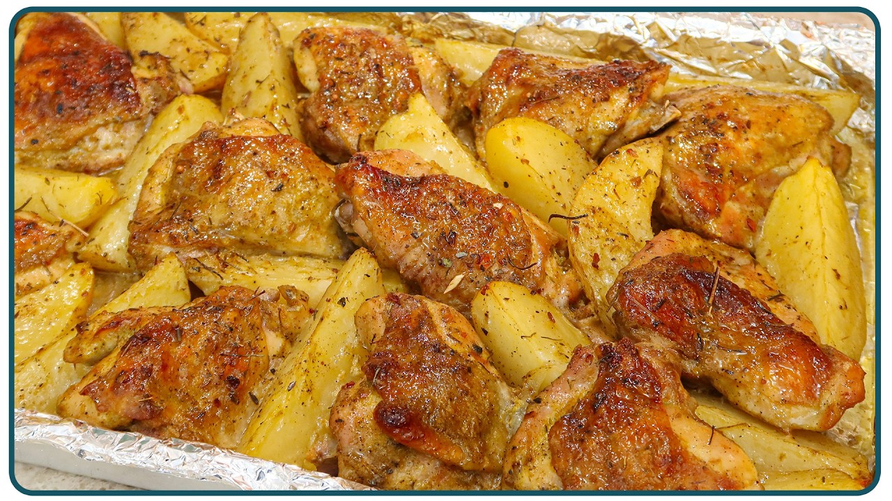 Frango assado com batatas e cebolas em assadeira