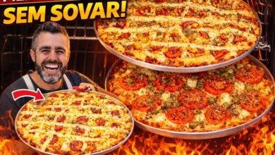 Pizza caseira com massa feita no liquidificador